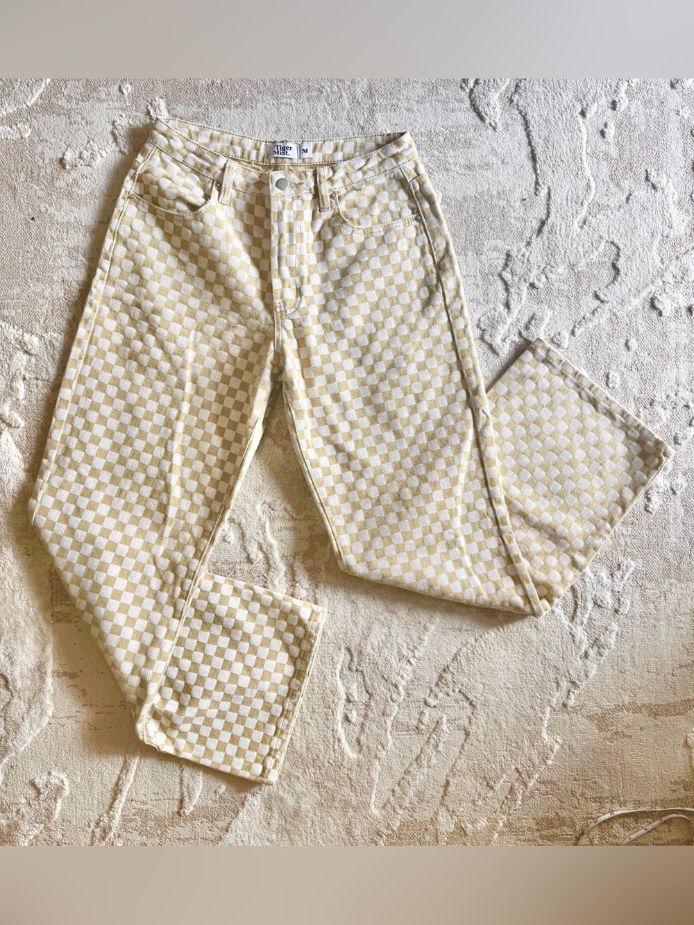 Tiger Mist Cream Gold Checkerboard Denim Jeans Retro Colorful Funky